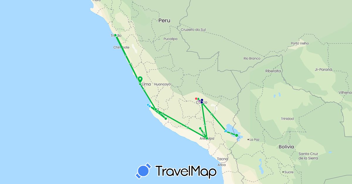 TravelMap itinerary: driving, bus, train, hiking, boat in Bolivia, Peru (South America)